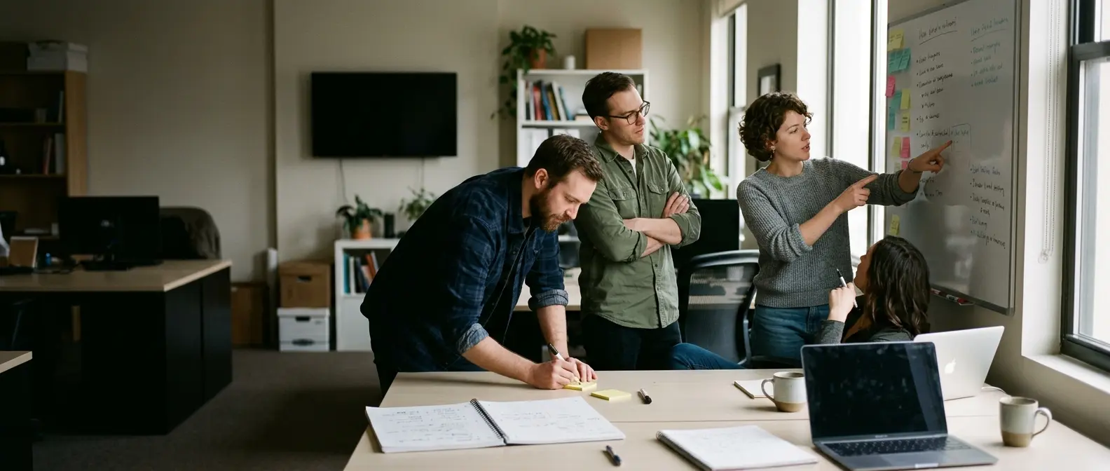 A team working through a plan at a whiteboard.
