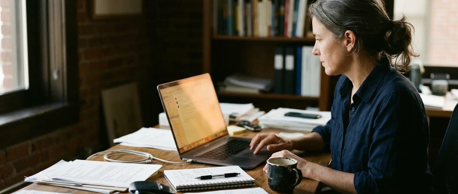 A person reviewing work on a laptop