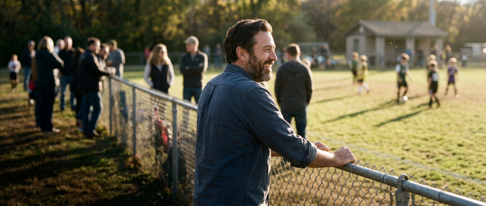 A dad laughing on the sideline of his kid's soccer game at golden hour.